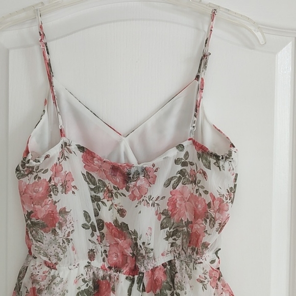 New Francesca's TRIXXI Chiffon Ruffle Floral Print Surplice Dress Peachy Pink S - Picture 9 of 13